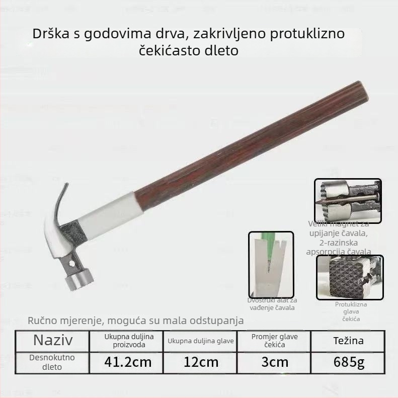 Čekić s vlaknastom drškom i magnetskom glavom, električarski i stolarski čekić, industrijske klase alat za vađenje čavli