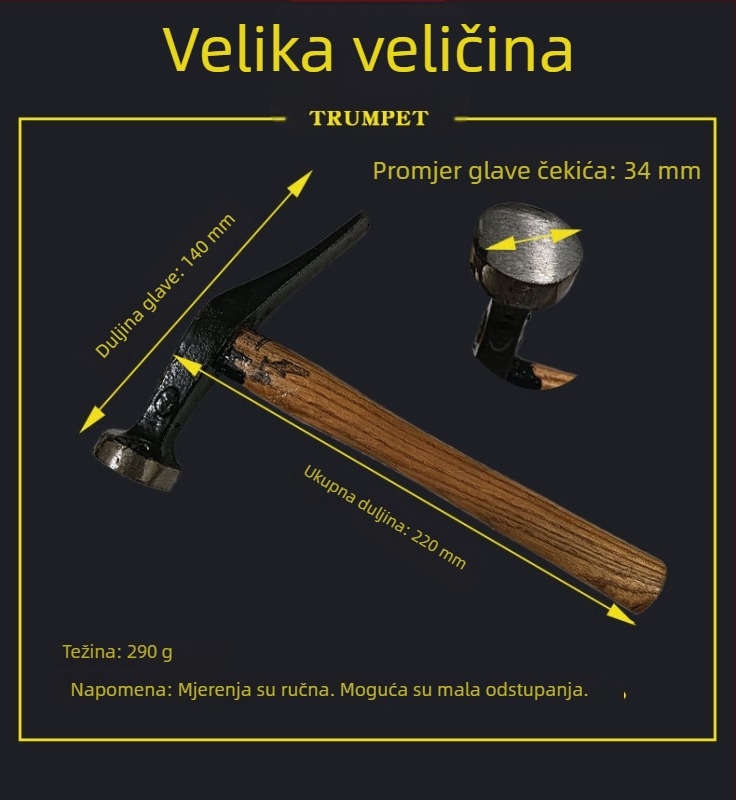 Čekić za cipele, čekić za đon, alat za izradu obuće, kratka drška, drveni držač, ručno izrađeni okrugli čekić, male veličine