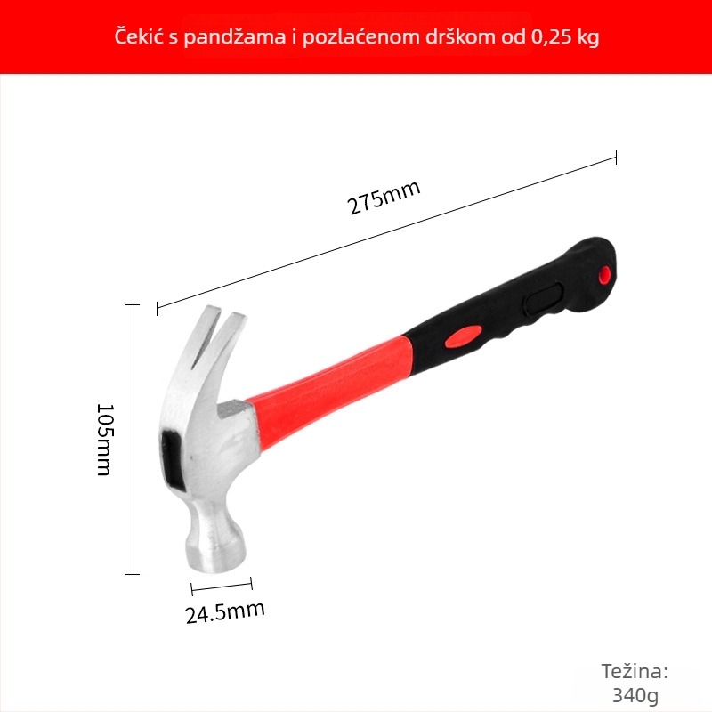 Čekić za drvo s okruglom glavom i plastičnim premazom ručke, namijenjen zabijanju i vađenju noktiju