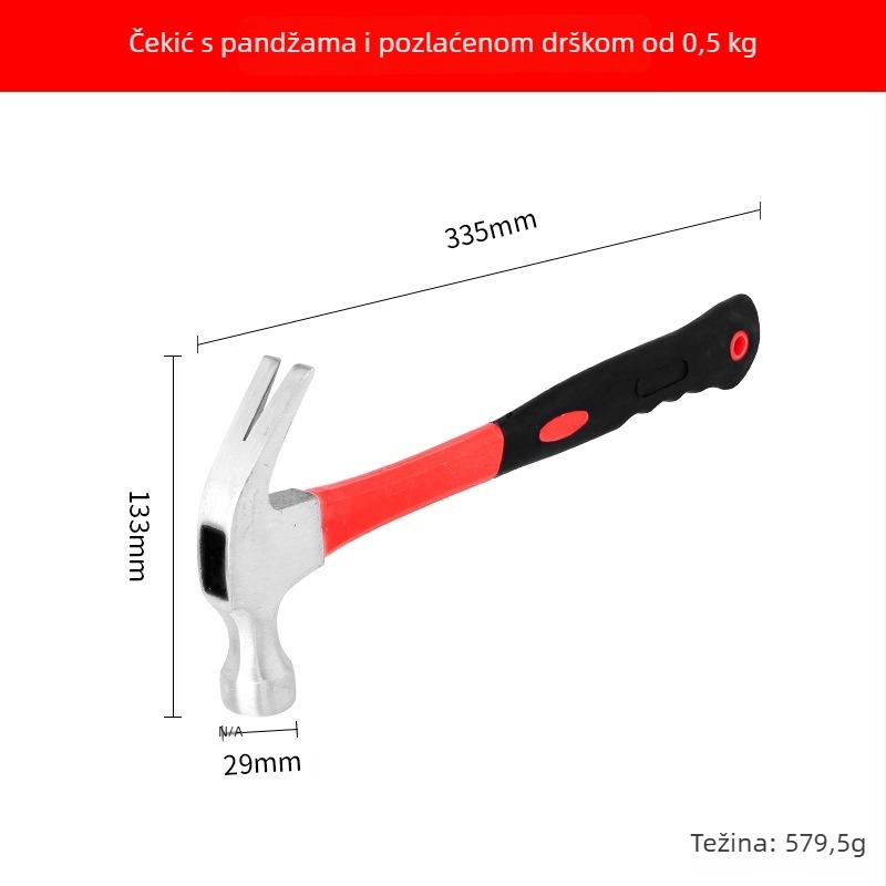 Čekić za drvo s okruglom glavom i plastičnim premazom ručke, namijenjen zabijanju i vađenju noktiju