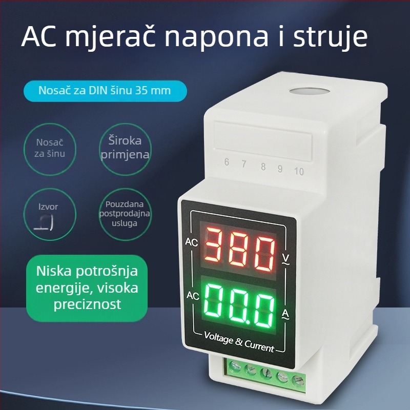 DIN-rail LED digitalni voltmetar i ampermetar, raspon 60–500 V, mjerenje struje AC 220 V