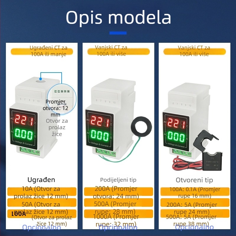 DIN-rail LED digitalni voltmetar i ampermetar, raspon 60–500 V, mjerenje struje AC 220 V