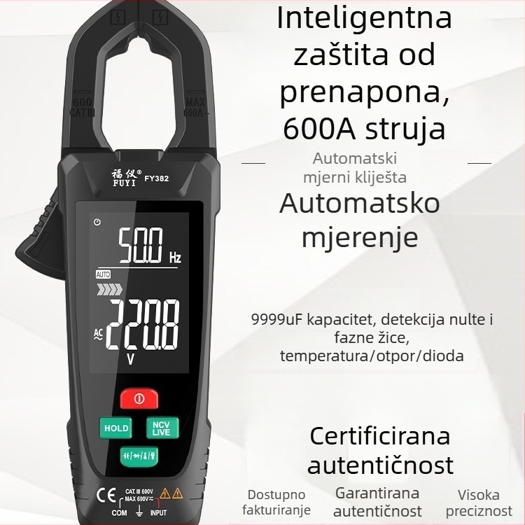 Fuyi FY382 Veliki zaslon, inteligentni klešta ampermetar, digitalni klips multimetar, visoka preciznost mjerenja struje AC/DC