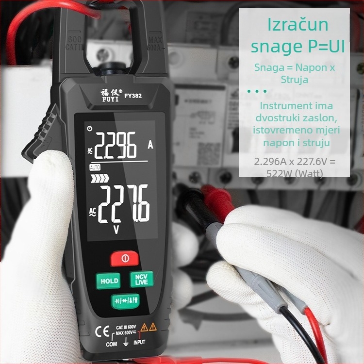 Fuyi FY382 Veliki zaslon, inteligentni klešta ampermetar, digitalni klips multimetar, visoka preciznost mjerenja struje AC/DC
