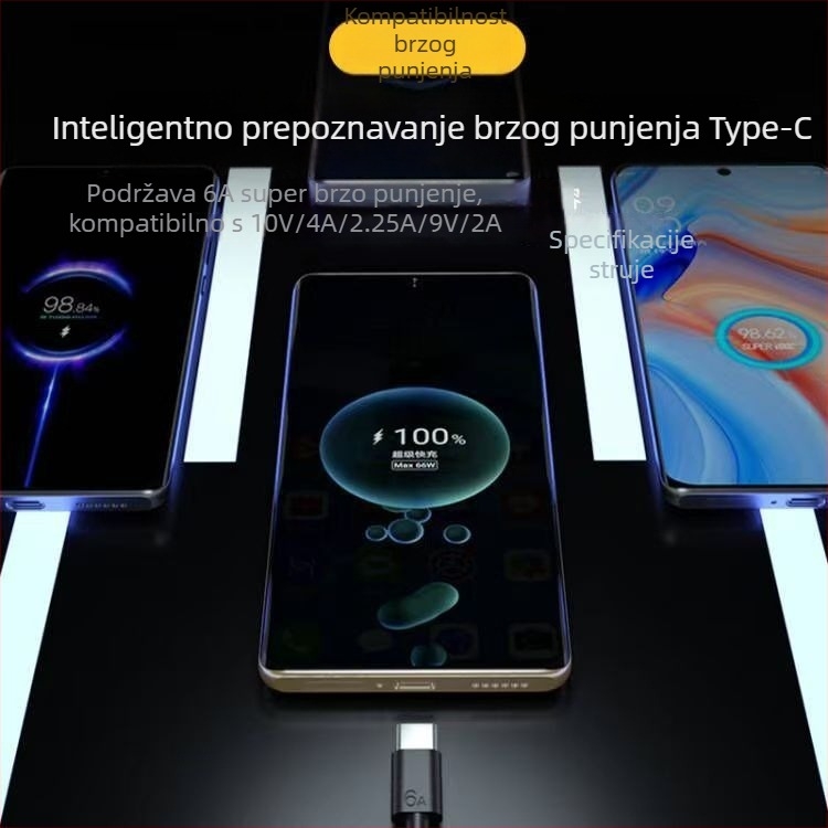 Type-C kabel za podatke s jednim krajem, brzo punjenje 6A, kompatibilan s Huawei pametnim telefonima, duljina 1–2 m
