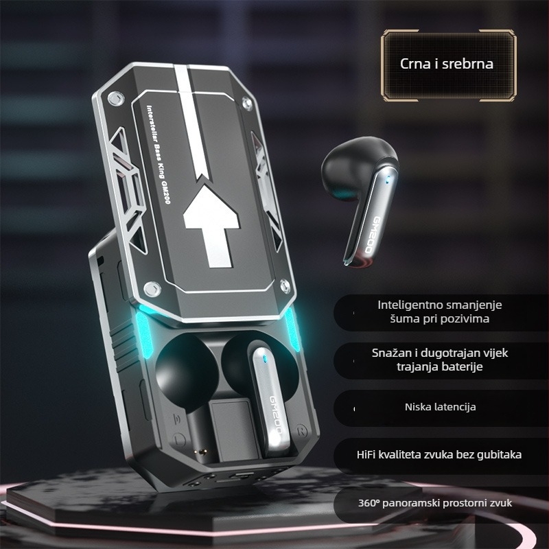 GM200 Bluetooth bežične ušnje slušalice s redukcijom šuma, Mecha stil, za igranje i sport, velika baterija, duga autonomija, prilagođeni dizajn
