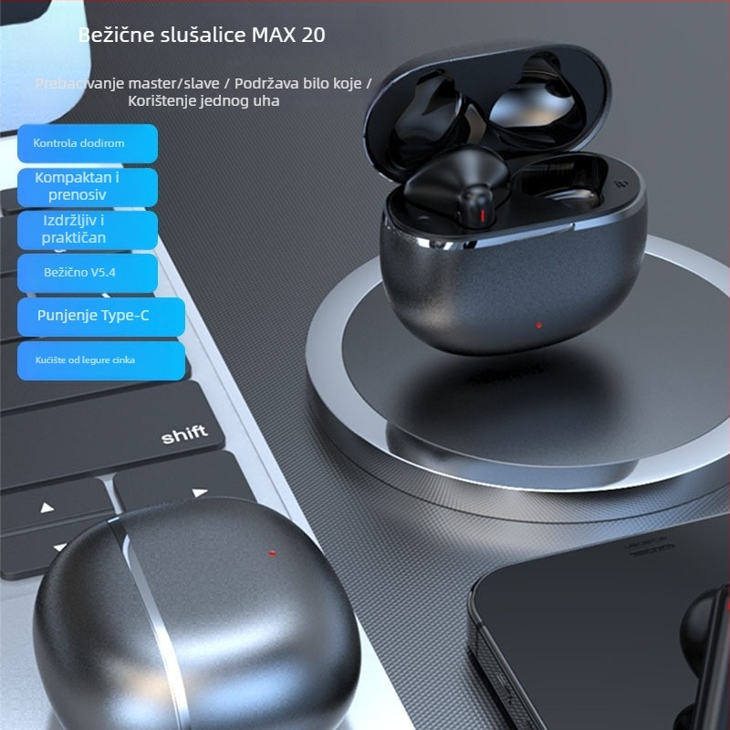 MAX20 Bluetooth True Wireless bežične slušalice od cinkove legure, mini, polu-ušni dizajn, visokokvalitetan zvuk, redukcija buke, za trčanje