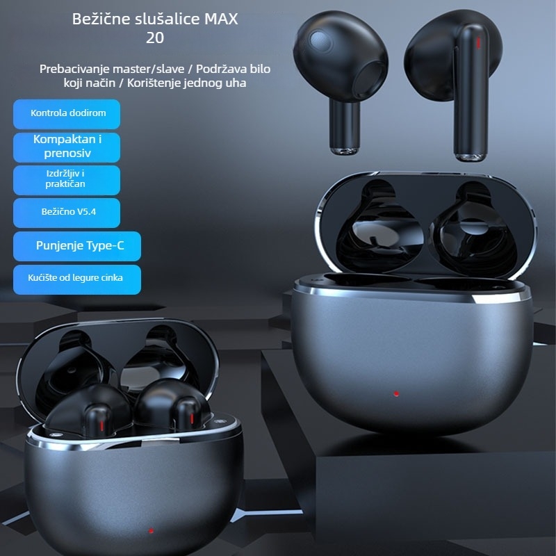 MAX20 Bluetooth True Wireless bežične slušalice od cinkove legure, mini, polu-ušni dizajn, visokokvalitetan zvuk, redukcija buke, za trčanje