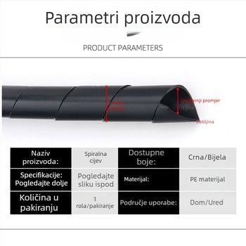 PE spiralna plastična cijev za kabelske snopove, navijajući cijev, promjer 4–30 mm, crno-bijeli izolacijski omotač