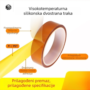 Silikonska dvostruka ljepljiva traka s polyimidnim premazom, visoka toplinska otpornost, smeđa ljepila pozadina, širina 3–500 mm, duljina 33 m, debljina 0,1 mm, bez ostataka ljepila.