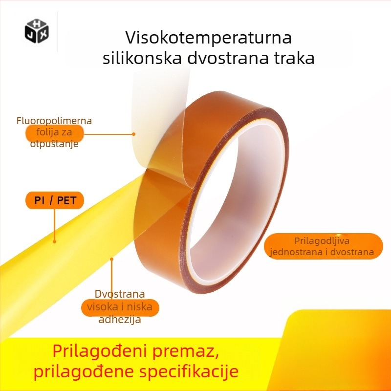Silikonska dvostruka ljepljiva traka s polyimidnim premazom, visoka toplinska otpornost, smeđa ljepila pozadina, širina 3–500 mm, duljina 33 m, debljina 0,1 mm, bez ostataka ljepila.