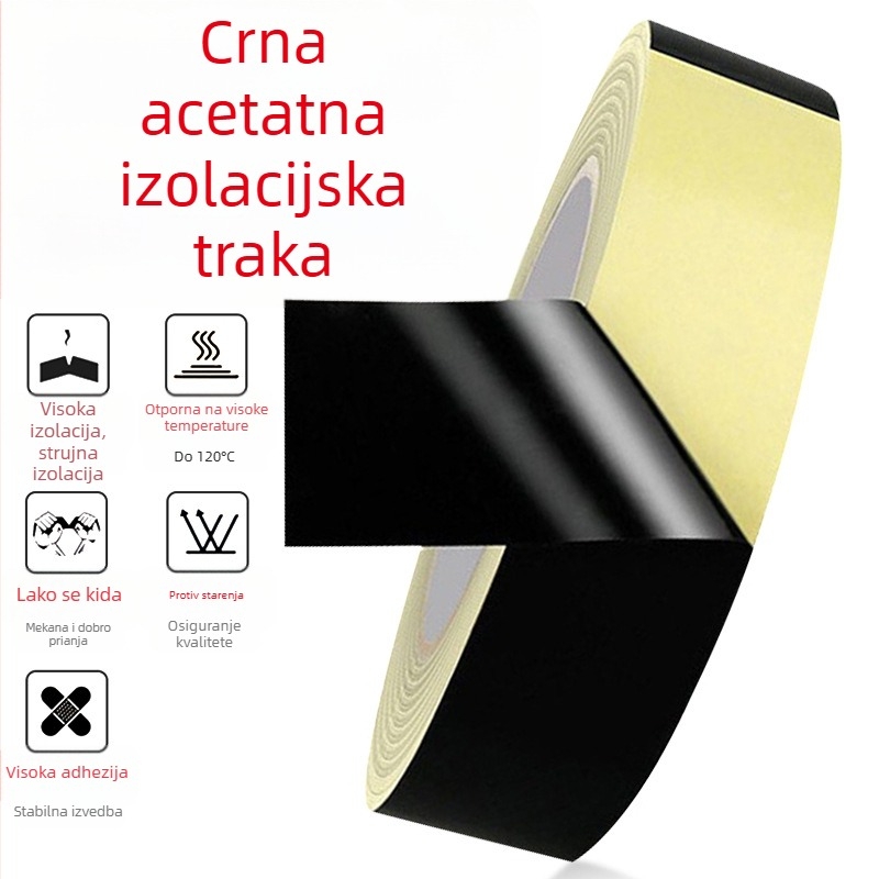 Prilagodljiva crna acetatna platnena traka za kabele, otporna na visoke temperature, izolacijska traka, lako se može rezati rukom
