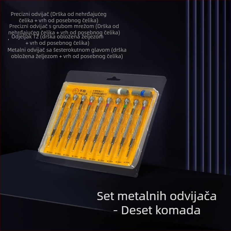 Deset dijelova seta odvijača za popravak satova, s plosnim i križnim vrhovima, ručke od nehrđajućeg čelika