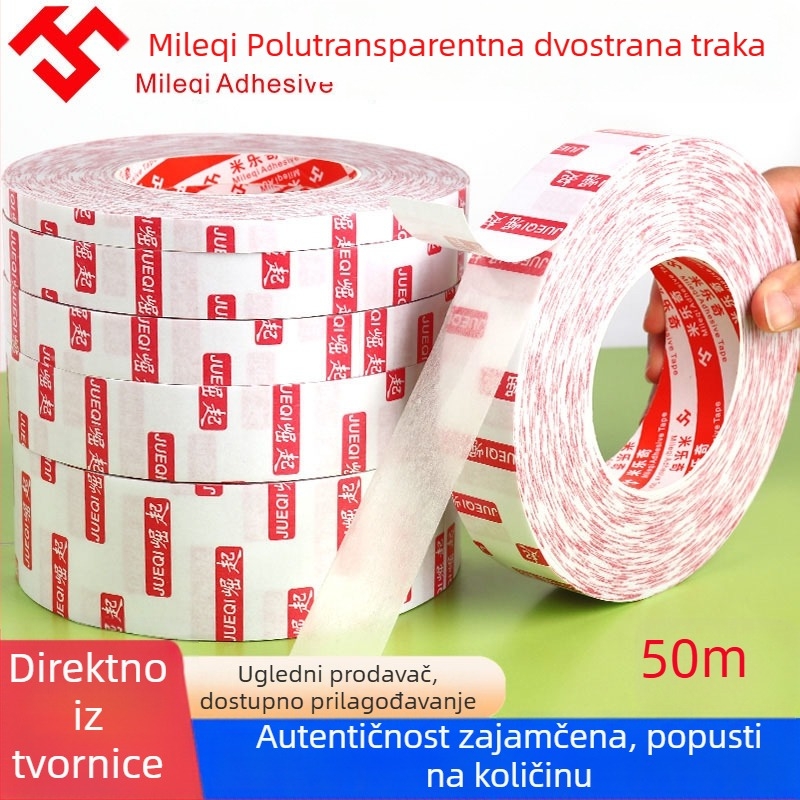 Rise dvostrana ljepljiva traka, ultra tanka i prozirna, snažno učvršćivanje, bez tragova, lako se odvaja, bez ostataka, otporna na visoke temperature, ljepilo visoke viskoznosti.