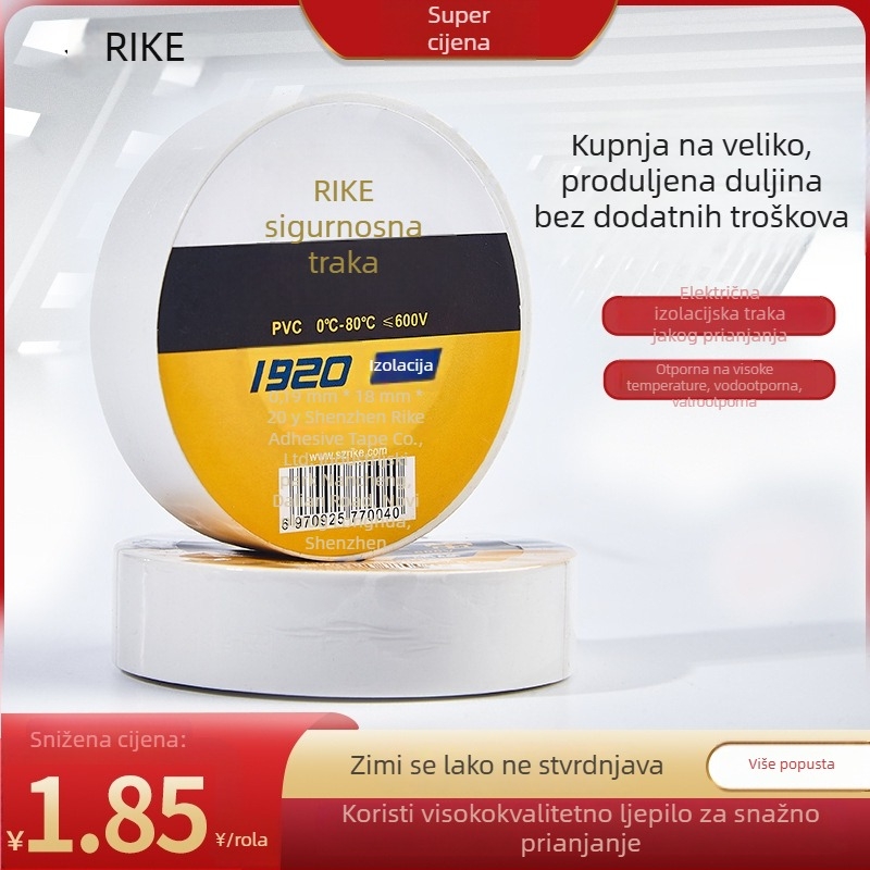Rike električna izolacijska traka PVC, vodootporna, jednostrana, 18 m dužine, 18 mm široka, 0–80°C, napona ispod 600V, obojena i deblja, ljepilo na bazi kaučuka