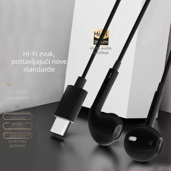 Žične Type-C slušalice s plosnatim konektorom i logom, kompatibilne s Xiaomi, Vivo, Honor, Huawei, Oppo, Letv