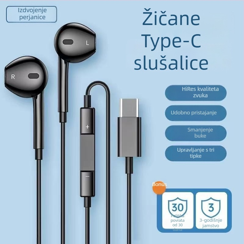 Žične Type-C slušalice s plosnatim konektorom i logom, kompatibilne s Xiaomi, Vivo, Honor, Huawei, Oppo, Letv