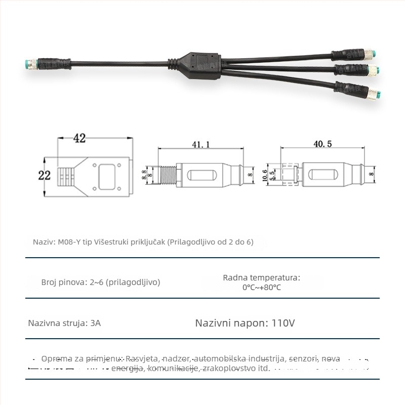 Y-tip vodootporan kabel 1-3, 5-žilni metalni konektor za napajanje senzora automobila