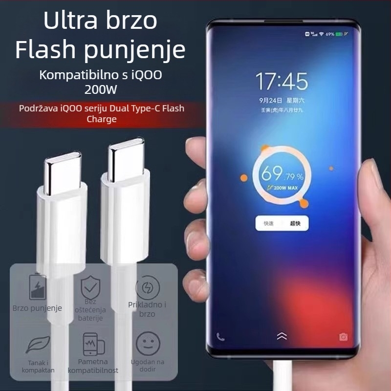 USB-C kabel za brzo punjenje 120W za VIVO/iQOO 11 Pro i 11s, duljina 1–2 m, bijela