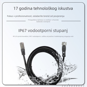 M12 ženski RJ45 industrijski kabel za kameru, 8 žica, gigabitna mreža, vodootporan konektor, tip D