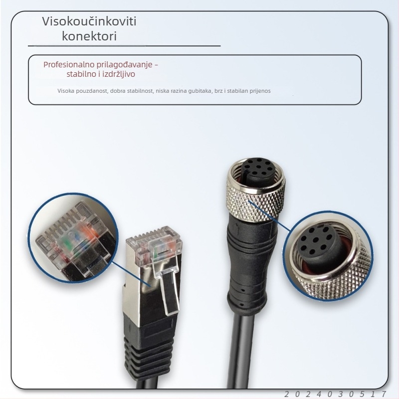 M12 ženski RJ45 industrijski kabel za kameru, 8 žica, gigabitna mreža, vodootporan konektor, tip D