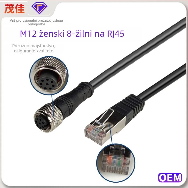 M12 ženski RJ45 industrijski kabel za kameru, 8 žica, gigabitna mreža, vodootporan konektor, tip D