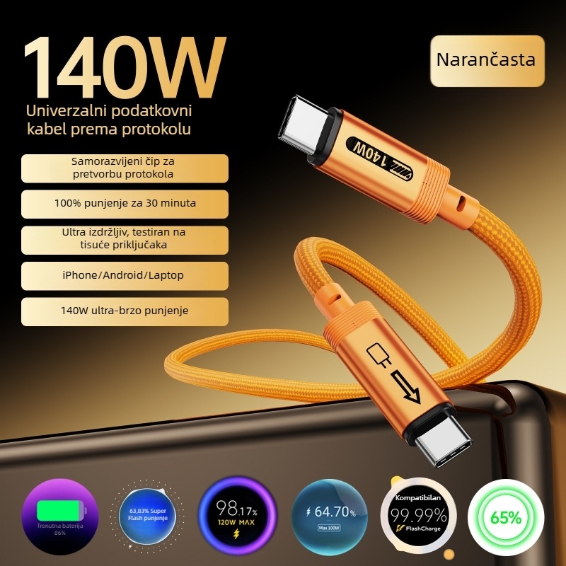 USB-C podatkovni kabel 140W s punim protokolom, brzo punjenje za Huawei, Oppo i Xiaomi