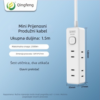 Qingfeng produžni utikač s kabelom duljine 1,5 m, 6 utičnica