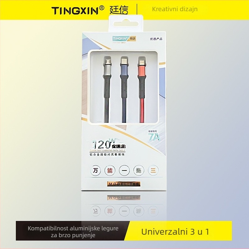 Kabel za podatke 3 u 1 s brzim punjenjem, s Mini USB, Micro USB i USB-C priključcima; duljina 1–2 m; aluminijska legura; crna.