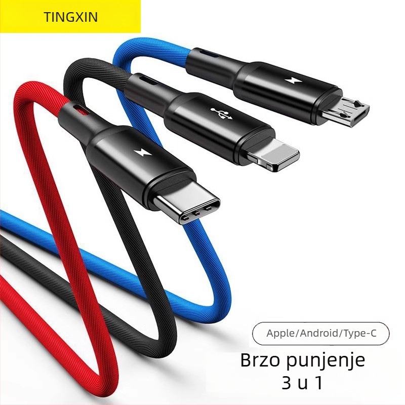 Kabel za podatke 3 u 1 s brzim punjenjem, s Mini USB, Micro USB i USB-C priključcima; duljina 1–2 m; aluminijska legura; crna.