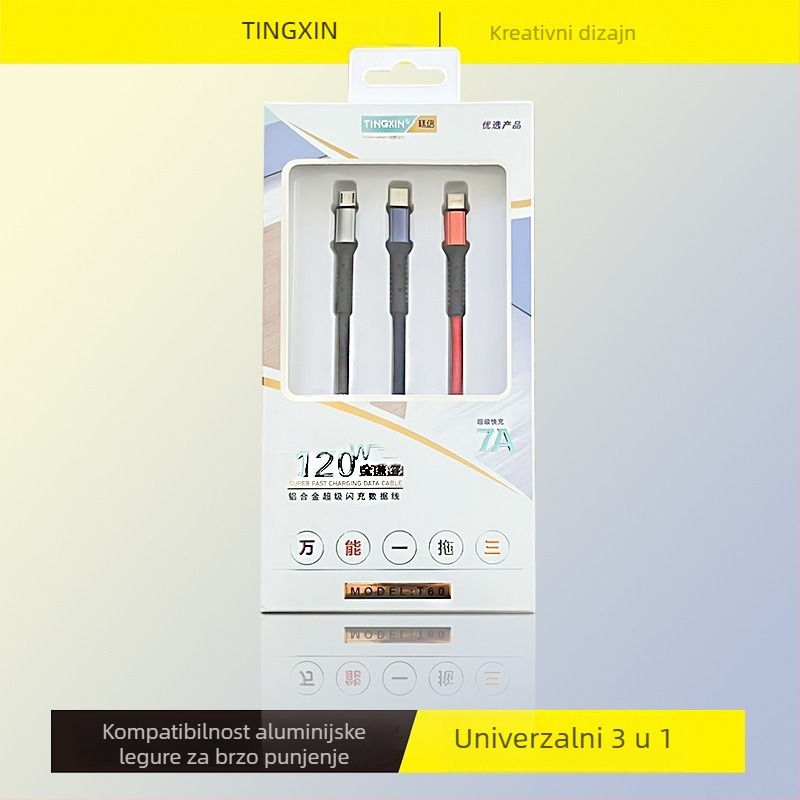Kabel za podatke 3 u 1 s brzim punjenjem, s Mini USB, Micro USB i USB-C priključcima; duljina 1–2 m; aluminijska legura; crna.