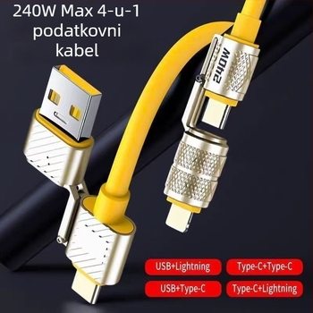 240W kabel za podatke s brzim punjenjem, 4-u-1 za Huawei, Android i Apple telefone i tablete, s Lightning i USB-C priključcima
