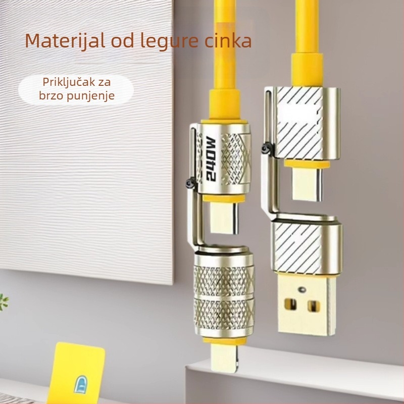 240W kabel za podatke s brzim punjenjem, 4-u-1 za Huawei, Android i Apple telefone i tablete, s Lightning i USB-C priključcima