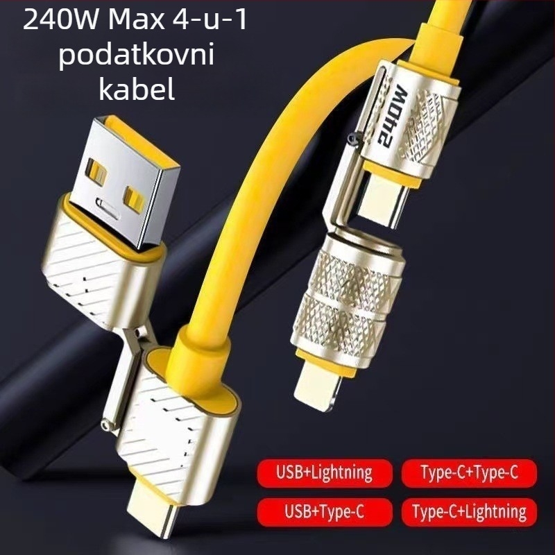 240W kabel za podatke s brzim punjenjem, 4-u-1 za Huawei, Android i Apple telefone i tablete, s Lightning i USB-C priključcima