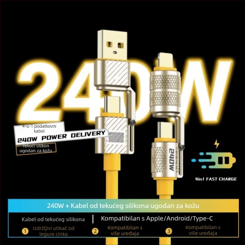 240W kabel za podatke s brzim punjenjem, 4-u-1 za Huawei, Android i Apple telefone i tablete, s Lightning i USB-C priključcima