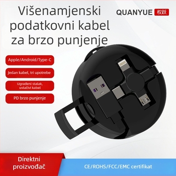 Quan Yue 0,5–1 m 3‑u‑1 kabel za punjenje s Lightning, Micro USB i USB‑C, teleskopski dizajn s prijenosnim stalkom, PD brzo punjenje