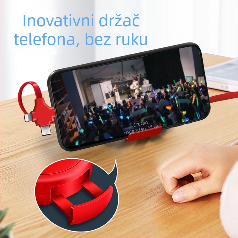 Quan Yue 0,5–1 m 3‑u‑1 kabel za punjenje s Lightning, Micro USB i USB‑C, teleskopski dizajn s prijenosnim stalkom, PD brzo punjenje