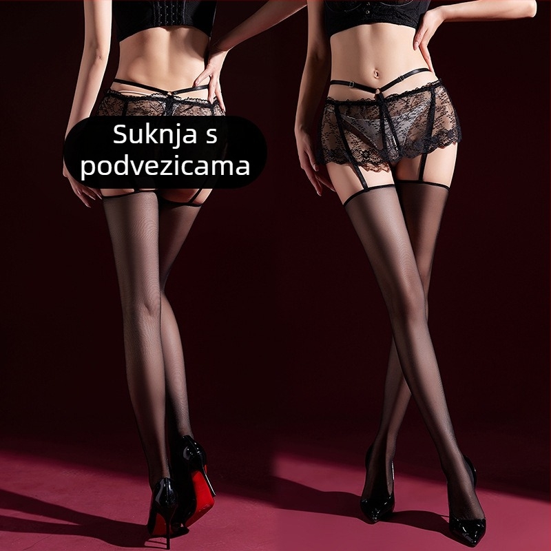 Sjajne najlon čarape s čipkom, proziran otvor u preponi, čarape s kaišem, seksi i zavodljivo