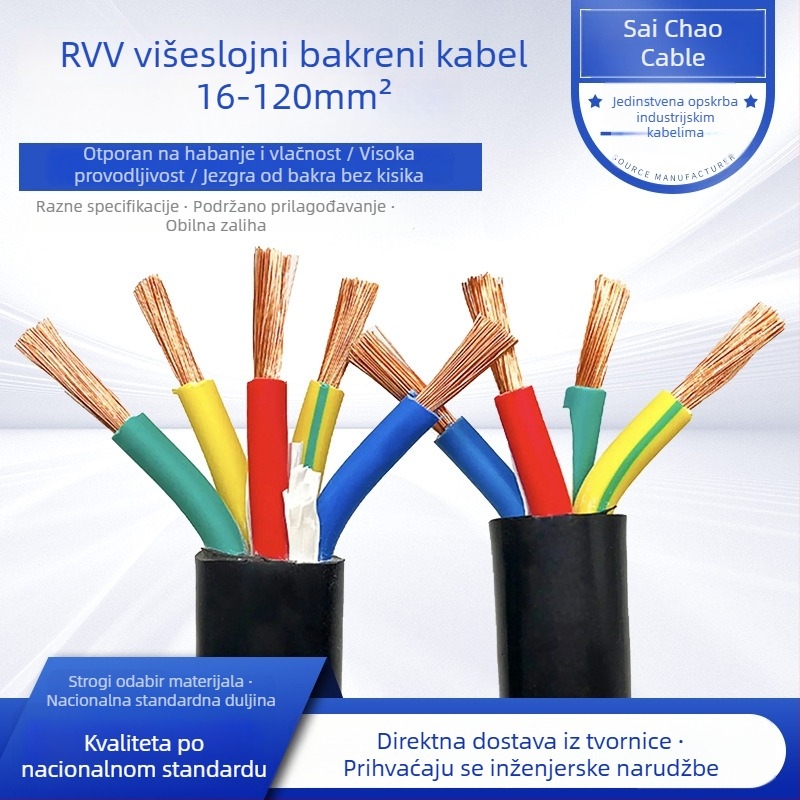 VVR kabel s bakrenim jezgrom, otporan na vatru, konfiguracije 3+1, 3+2 ili 4+1 jezgri, presjek 10–35 mm², PVC izolacija i PVC ovojnica, certifikacija GB/T5023-2008