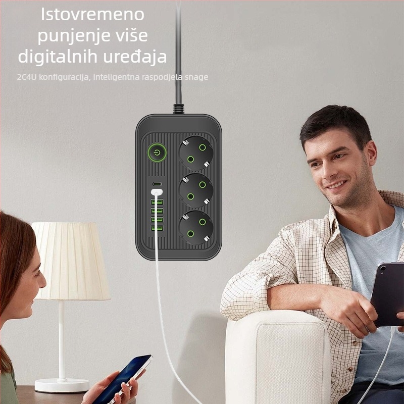 Produžni niz s europskim standardom, USB priključci, kabel, 10A, 100–250V, kućište otporno na vatru od ABS-a, bakreni vodiči, CE/FCC/ROHS
