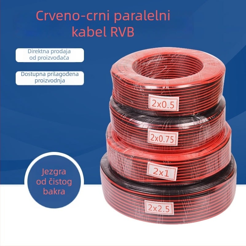 Kabel sa dva vodiča 0.5-2.5 mm², bezoksidni bakar, crveno-crni, za napajanje nadzornog sustava, čisto bakar, paralelni dvostruki kabel