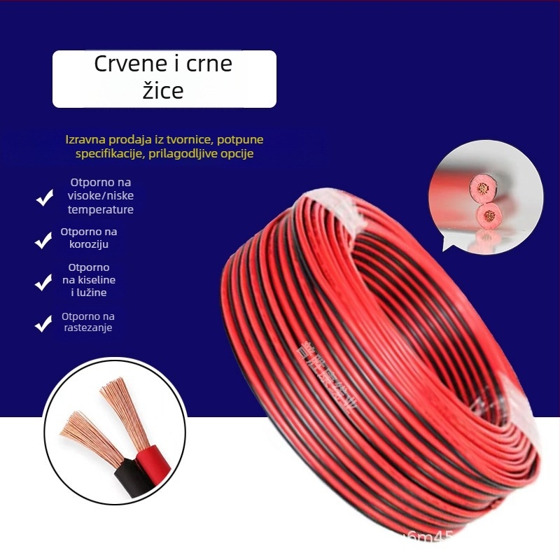 Crveno-crni kabel od čistog bakra RVB2, dvostruki paralelni vodiči za reklamne ploče, presjeci 0,5/0,75/1/1,5/2,5 mm²