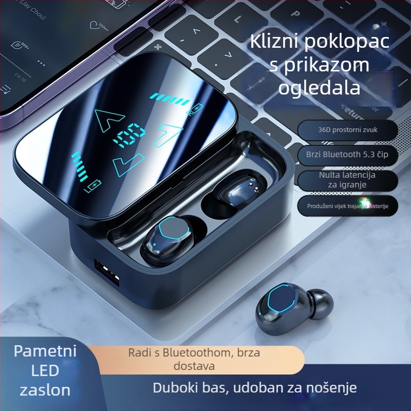 M48 Bluetooth in-ear slušalice s digitalnim zaslonom, ultra dugi vijek baterije, velik kapacitet, za glazbu i igre, TWS