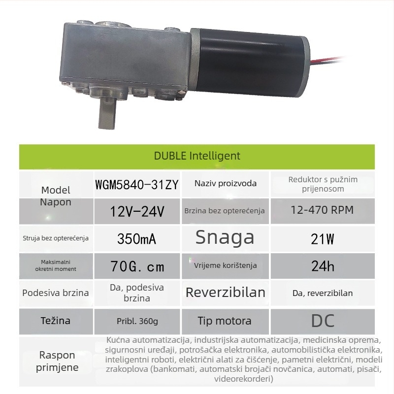 5840-31ZY DC motor s reduktorom vretenastog tipa, 12–24V regulacija brzine, samoblokirajući prijenos, visok moment, dvostruki osovinski motor