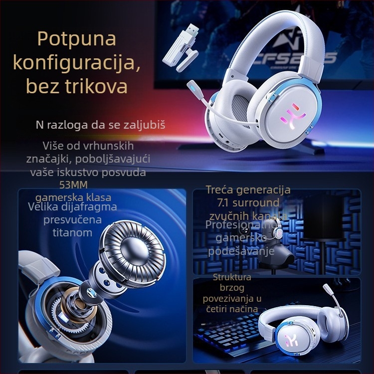 Golden Fortune GX01 Gaming slušalice za nošenje na glavi, četiri načina — Esports, Bluetooth 5.0, bežični stereo zvuk, trajanje baterije preko 8 sati, kompatibilno s desktop PC