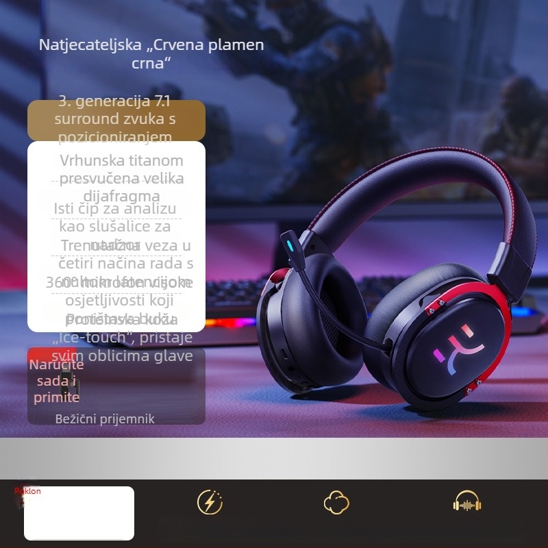 Golden Fortune GX01 Gaming slušalice za nošenje na glavi, četiri načina — Esports, Bluetooth 5.0, bežični stereo zvuk, trajanje baterije preko 8 sati, kompatibilno s desktop PC
