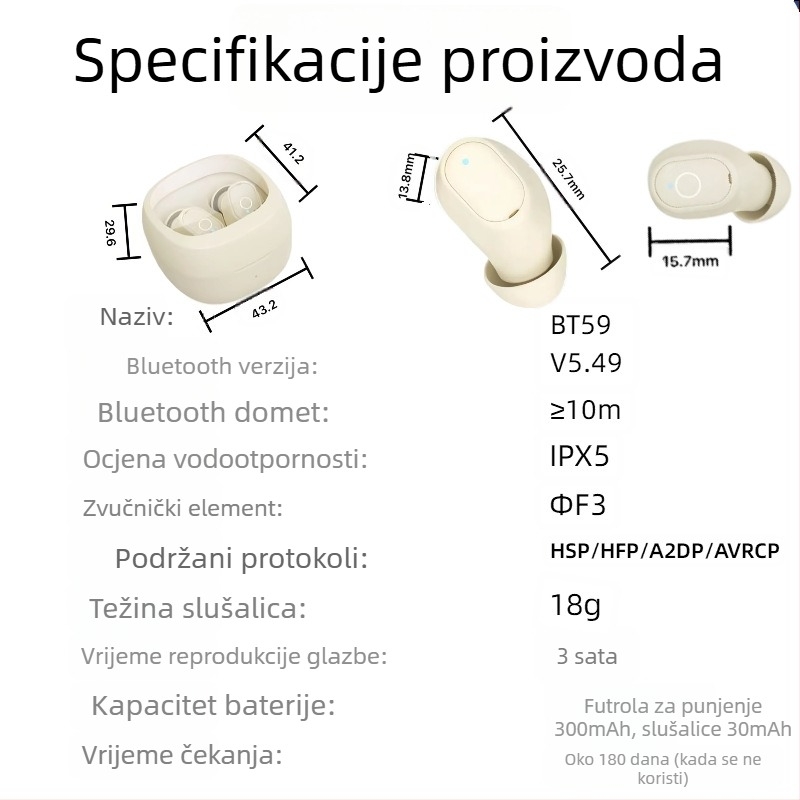 Mini Bluetooth bežične slušalice, dugi vijek baterije, visokokvalitetan zvuk, redukcija šuma, binauralne in-ear slušalice za gaming, esports razina, niska latencija