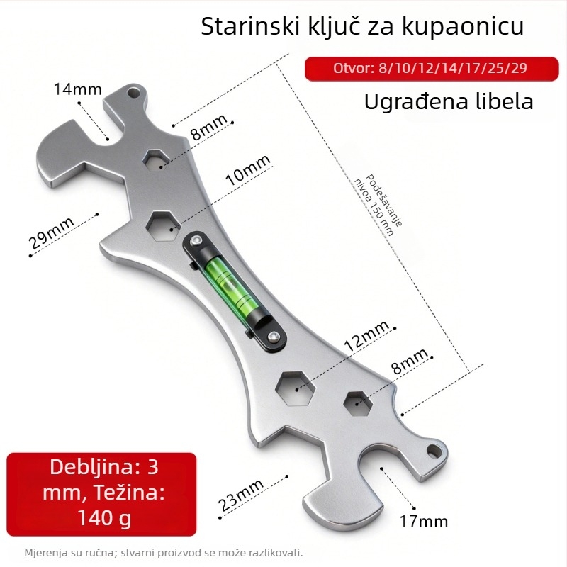 Nehrđajući čelični kupaonski ključ s višenamjenskom libelom za tuš