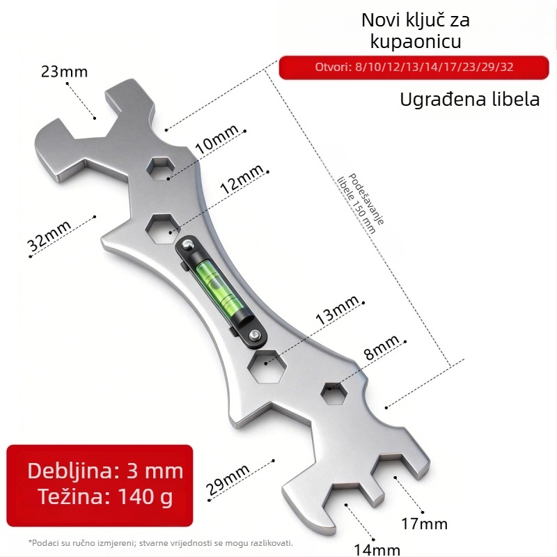 Nehrđajući čelični kupaonski ključ s višenamjenskom libelom za tuš