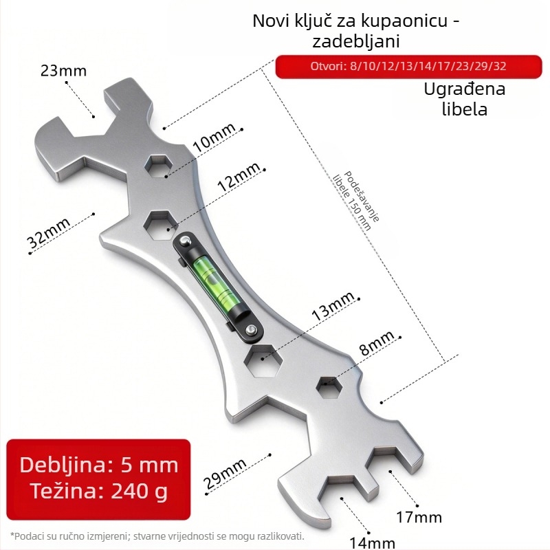 Nehrđajući čelični kupaonski ključ s višenamjenskom libelom za tuš